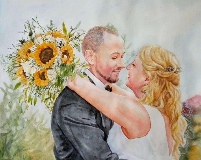 Wedding watercolor portrait  of a couple on their wedding day