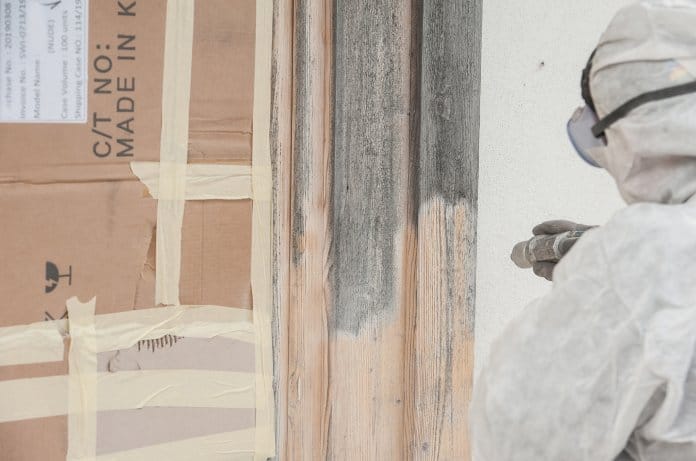 Home 10 A person in a protective white suit uses a sandblasting gun on a wooden doorframe, changing its color.